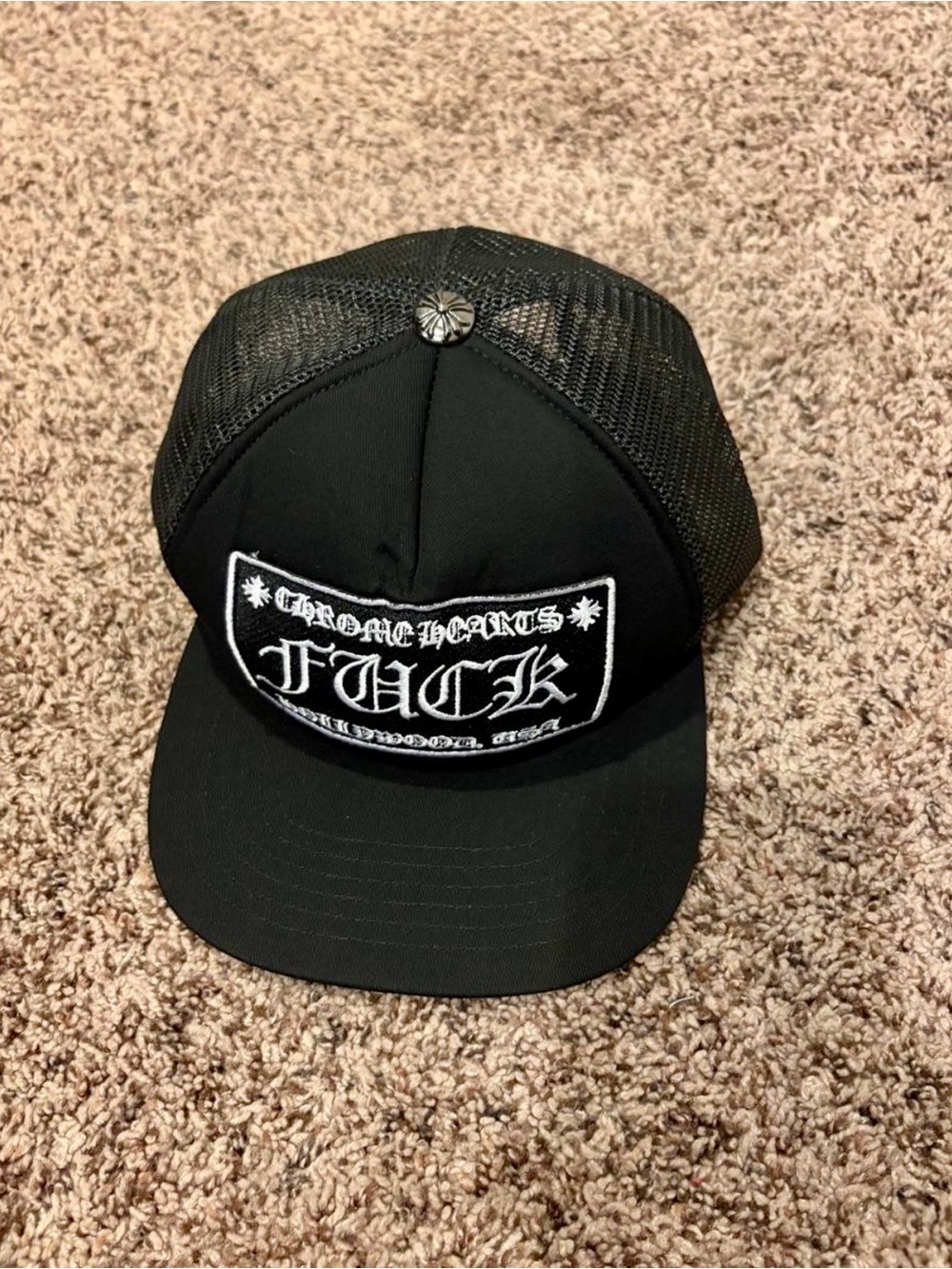 Chrome Hearts Black Mesh Trucker Hat with White Embroidered Patch